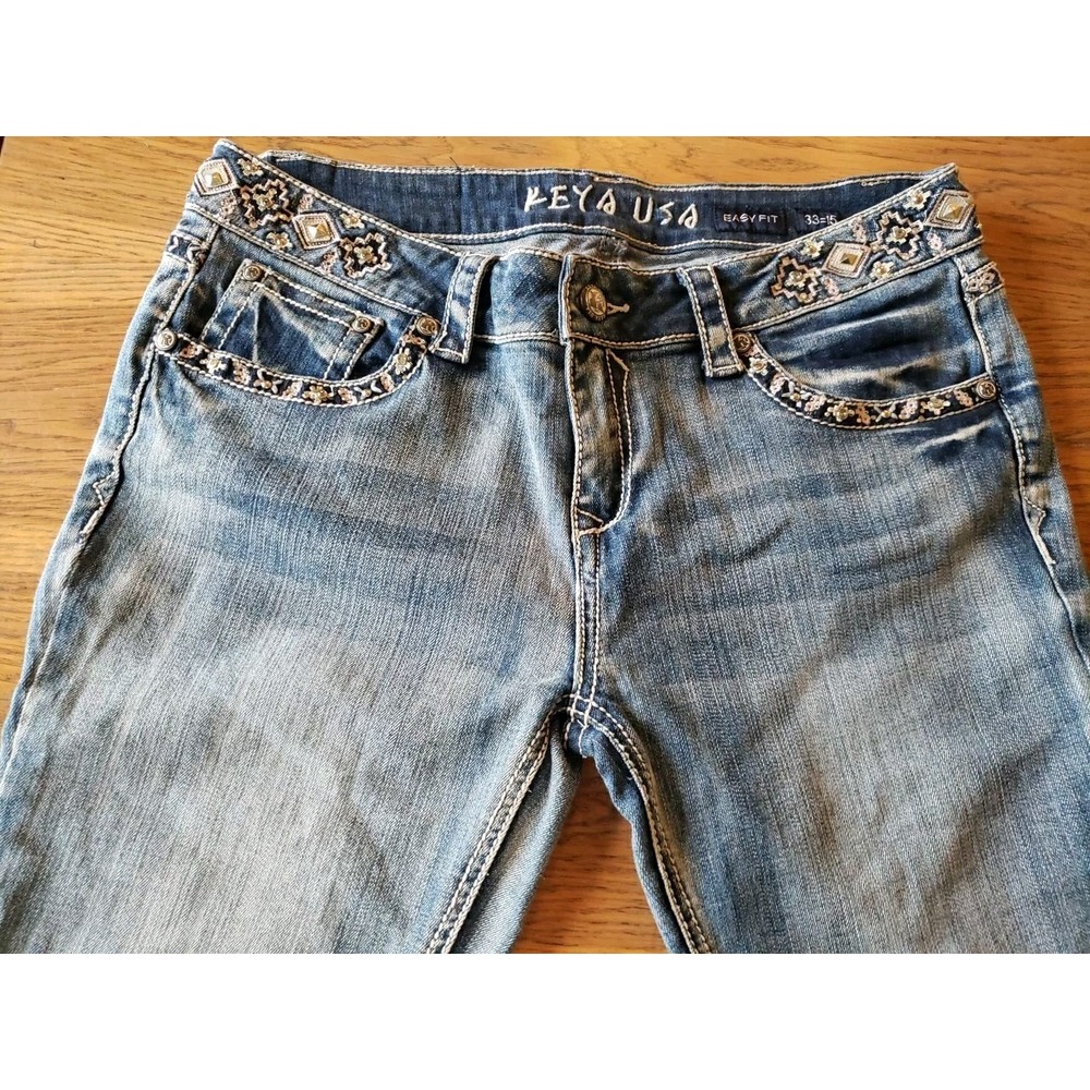 Sz 15 Jr Keya USA Women Easy Fit Rhinestones Embroidered Cuff Capri Jean EUC - Picture 3 of 11